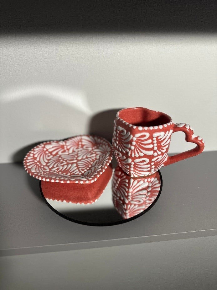 Heart Shaped Talavera Mug + Plate (Hot Pink/White)