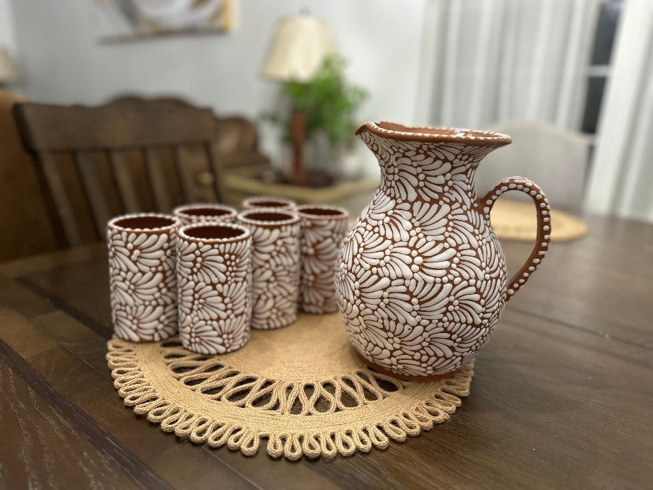 Jarra De Agua Talavera + 6 Cups (Brown/White)