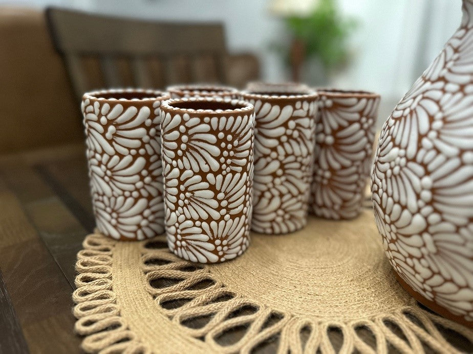 Jarra De Agua Talavera + 6 Cups (Brown/White)