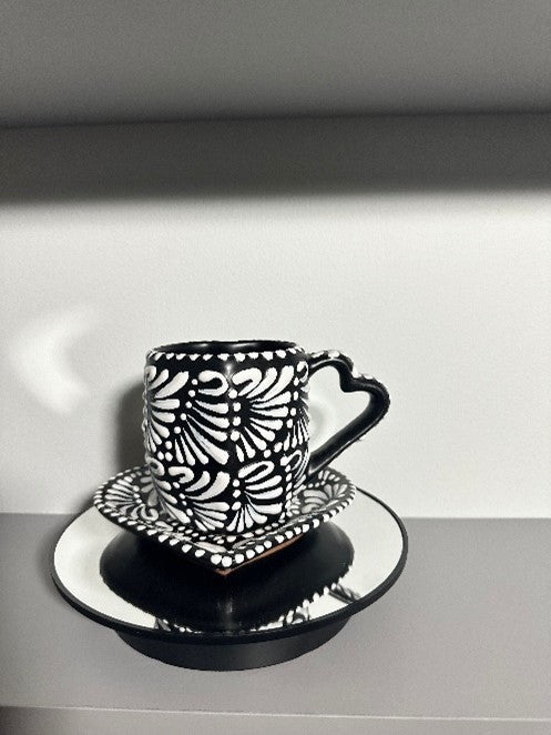 Heart Shaped Talavera Mug + Plate (Black/White)