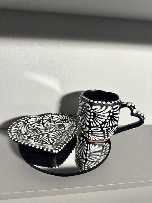 Heart Shaped Talavera Mug + Plate (Black/White)