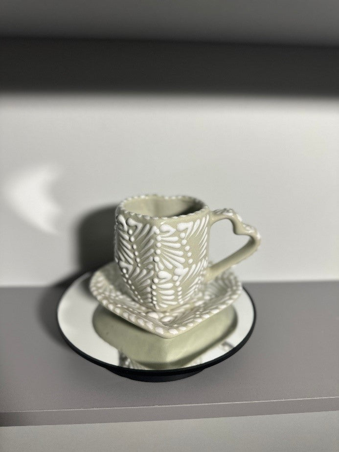 Heart Shaped Talavera Mug + Plate (Cream/White)