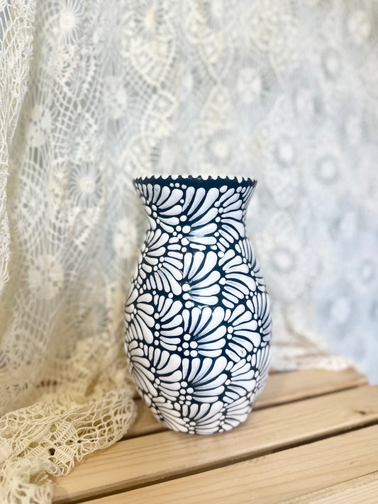 White and Black Talavera Flower Vase