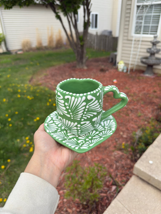 Heart Shaped Talavera Mug + Plate (Green/White)