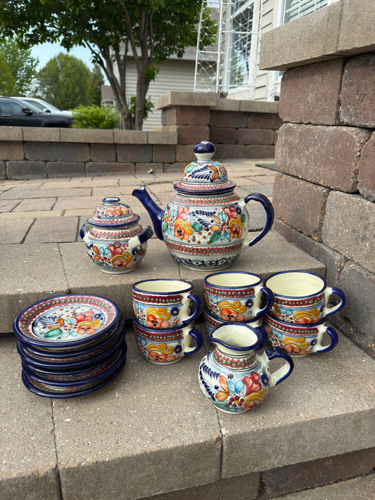 Talavera Set De Te Tea Set (Beige/Flor Azul)