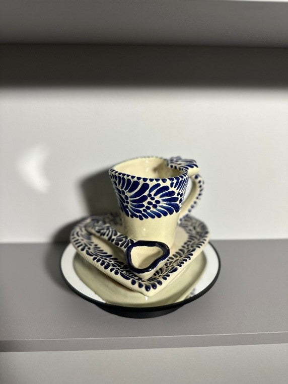Taza Corazon Set Talavera (Split Design) (Cream/White)